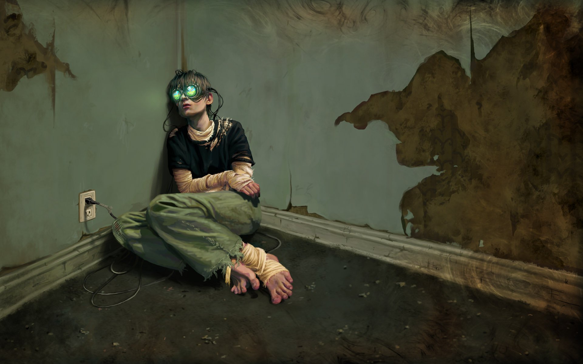Artistic HD desktop wallpaper depicting a human figure with glasses, plugged into a wall outlet, evoking a surreal dreamlike atmosphere in a worn room.