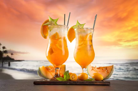 Two tropical melon cocktails in glasses on a beach at sunset, with ocean and horizon in the background, captured in 4K Ultra HD as a vibrant desktop wallpaper.