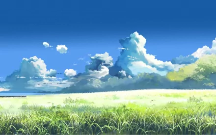 A serene HD wallpaper featuring lush green grass and vibrant clouds, inspired by the anime 5 Centimeters per Second, capturing the essence of tranquil landscapes.