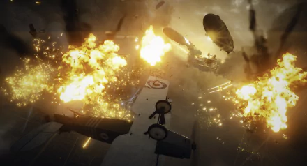 A dramatic 4K Ultra HD Battlefield 1 video game scene showing a warplane flying through fiery explosions in the sky during an intense aerial fight.