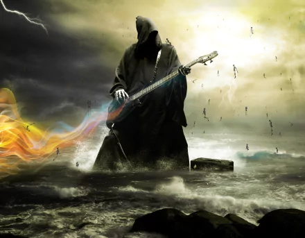 HD desktop wallpaper depicting a dark Grim Reaper playing a guitar while standing in ocean water, with flames and a stormy sky in the background.