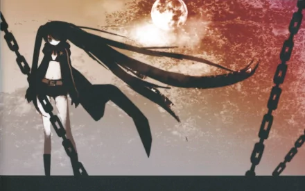 A captivating HD desktop wallpaper featuring Black Rock Shooter, illustrated in a striking anime style, surrounded by chains beneath a glowing moonlit sky.
