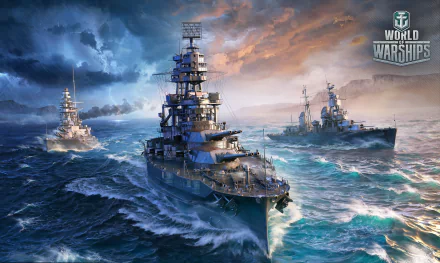 HD desktop wallpaper featuring warships navigating rough seas in the video game World of Warships.