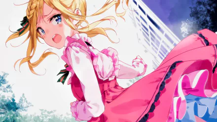Anime character from EroManga-Sensei with blonde hair wearing a pink and white outfit, looking determined in a dynamic pose. The background includes elements of sky and abstract designs. HD desktop wallpaper.