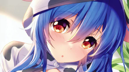 HD desktop wallpaper featuring an anime girl with blue hair and a hood, expressing a soft and gentle demeanor.