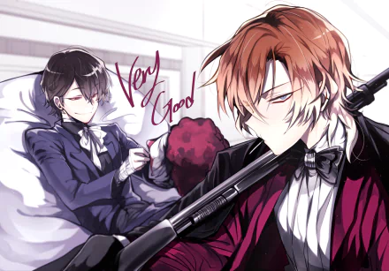 Anime wallpaper from Bungou Stray Dogs featuring two characters in elegant clothing, one holding a weapon, with the text Very Good prominently displayed in the background.