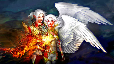 Fantasy-themed HD desktop wallpaper from Lineage 2: Revolution featuring pointed-eared characters with white hair, fiery armor, and large angelic wings.