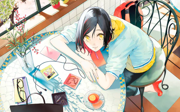 HD anime original desktop wallpaper featuring a character with dark hair and yellow eyes leaning on a colorful tiled table in a bright, plant-filled room.
