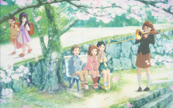 Sound! Euphonium 2K Quad HD desktop wallpaper: Kumiko Oumae and friends sit under cherry blossoms while Reina Kousaka plays trumpet beside a mossy stone wall.