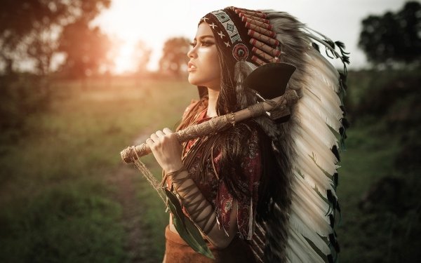 Women Native American Feather Headdress Depth Of Field Model Axe HD Wallpaper | Background Image