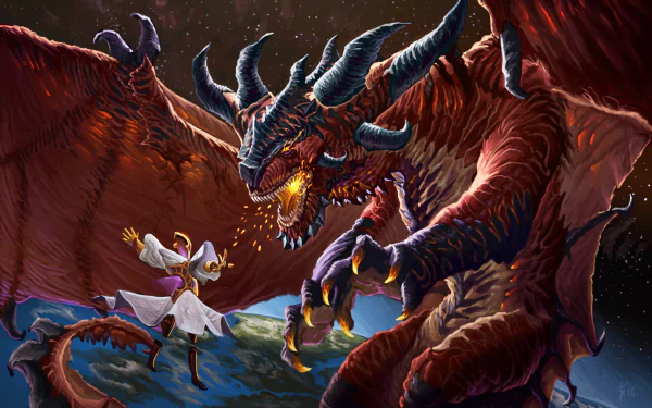A powerful wizard confronts a massive fire-breathing dragon in outer space, showcasing a vivid fantasy battle scene in HD PC desktop wallpaper style.
