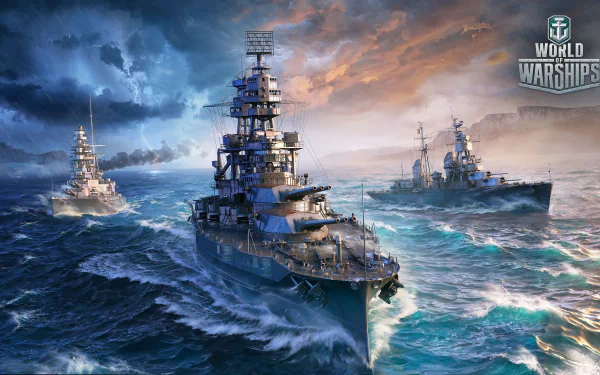 HD desktop wallpaper featuring warships navigating rough seas in the video game World of Warships.