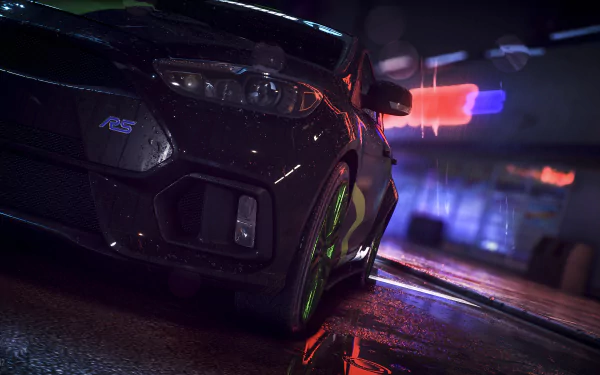 A close-up view of a Ford Focus RS from the 2015 video game Need For Speed, showcasing its sleek design and vibrant neon reflections in a 4K Ultra HD background.