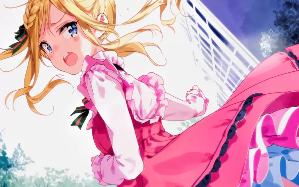Anime character from EroManga-Sensei with blonde hair wearing a pink and white outfit, looking determined in a dynamic pose. The background includes elements of sky and abstract designs. HD desktop wallpaper.