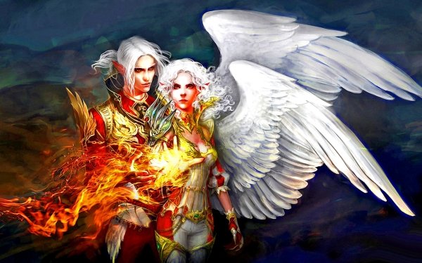 Video Game Lineage 2: Revolution Fantasy Angel Wings Fire White Hair Pointed Ears HD Wallpaper | Background Image