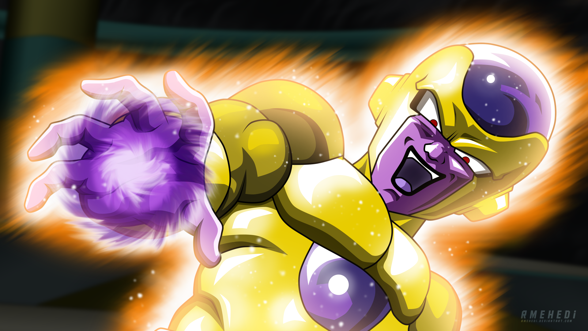 Anime-style 4K Ultra HD Dragon Ball Super wallpaper featuring Golden Frieza unleashing an energy attack with vibrant colors and dynamic lighting effects.