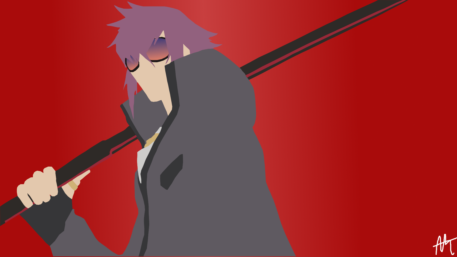 HD PC desktop wallpaper of Yuya Mirokuji from the anime Re:Creators, featuring a stylized character with purple hair holding a weapon against a red background.