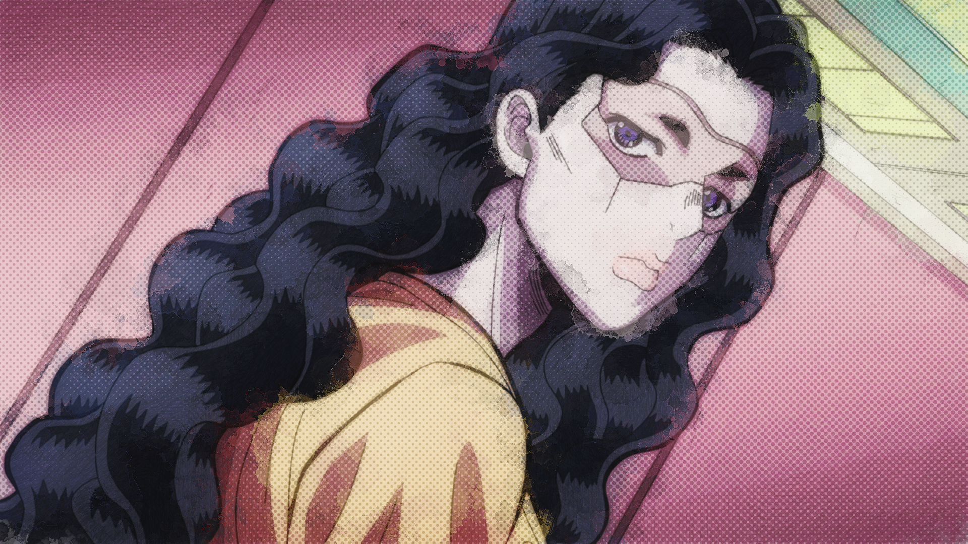 Yukako Yamagishi from JoJo's Bizarre Adventure, looking over her shoulder with flowing dark hair and intense gaze — anime HD PC desktop wallpaper background.