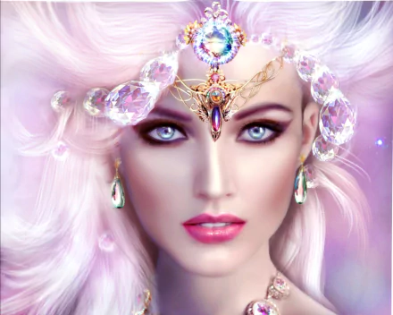 Fantasy-themed HD desktop wallpaper featuring a woman’s face with striking blue eyes, bold lipstick, and intricate jewelry against a soft, ethereal background.