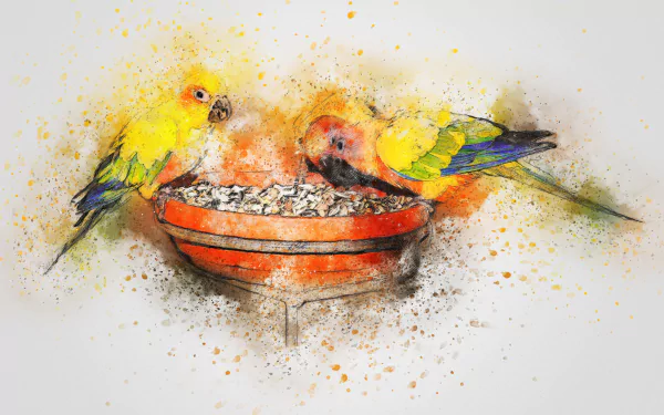 A vibrant watercolor depiction of two Sun Parakeets perched near a bowl of food, showcasing their bright colors and playful nature, suitable as an HD desktop wallpaper.