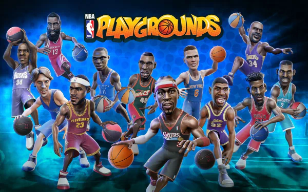 HD desktop wallpaper featuring animated basketball players from NBA Playgrounds game set against a dynamic blue background.