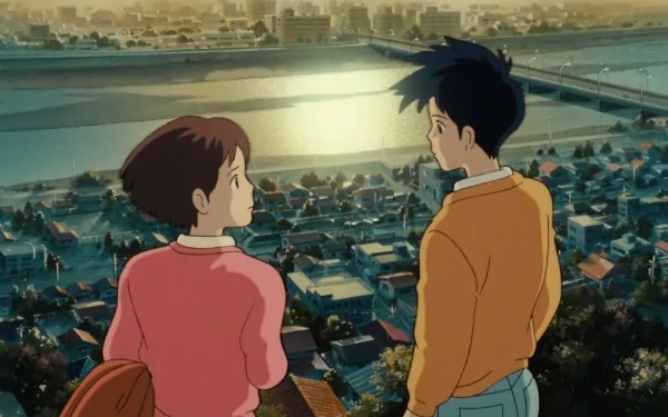 Anime scene from Whisper of the Heart — HD PC desktop wallpaper and background of two teens overlooking a sunlit riverside town at dusk.