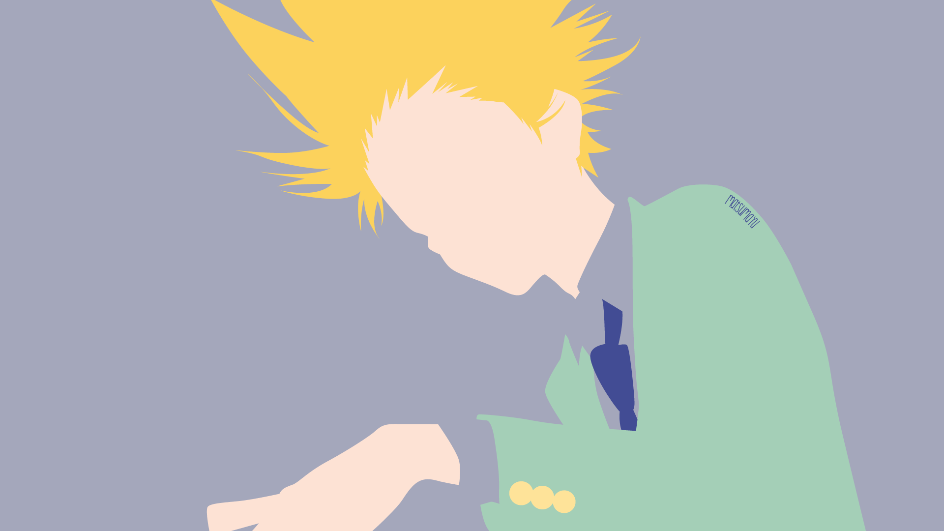 Minimalist HD desktop wallpaper featuring a stylized anime character Takeshi Aiza from Your Lie in April with spiky blond hair and green school uniform.