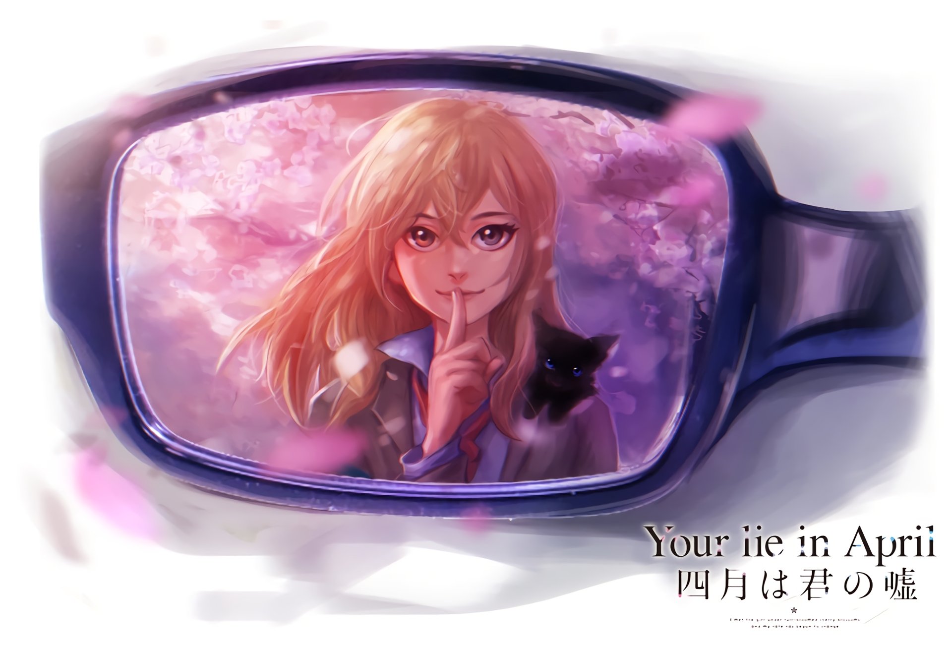 An HD wallpaper featuring Kaori Miyazono from the anime Your Lie in April, reflecting her serene expression surrounded by cherry blossoms and a playful black cat.