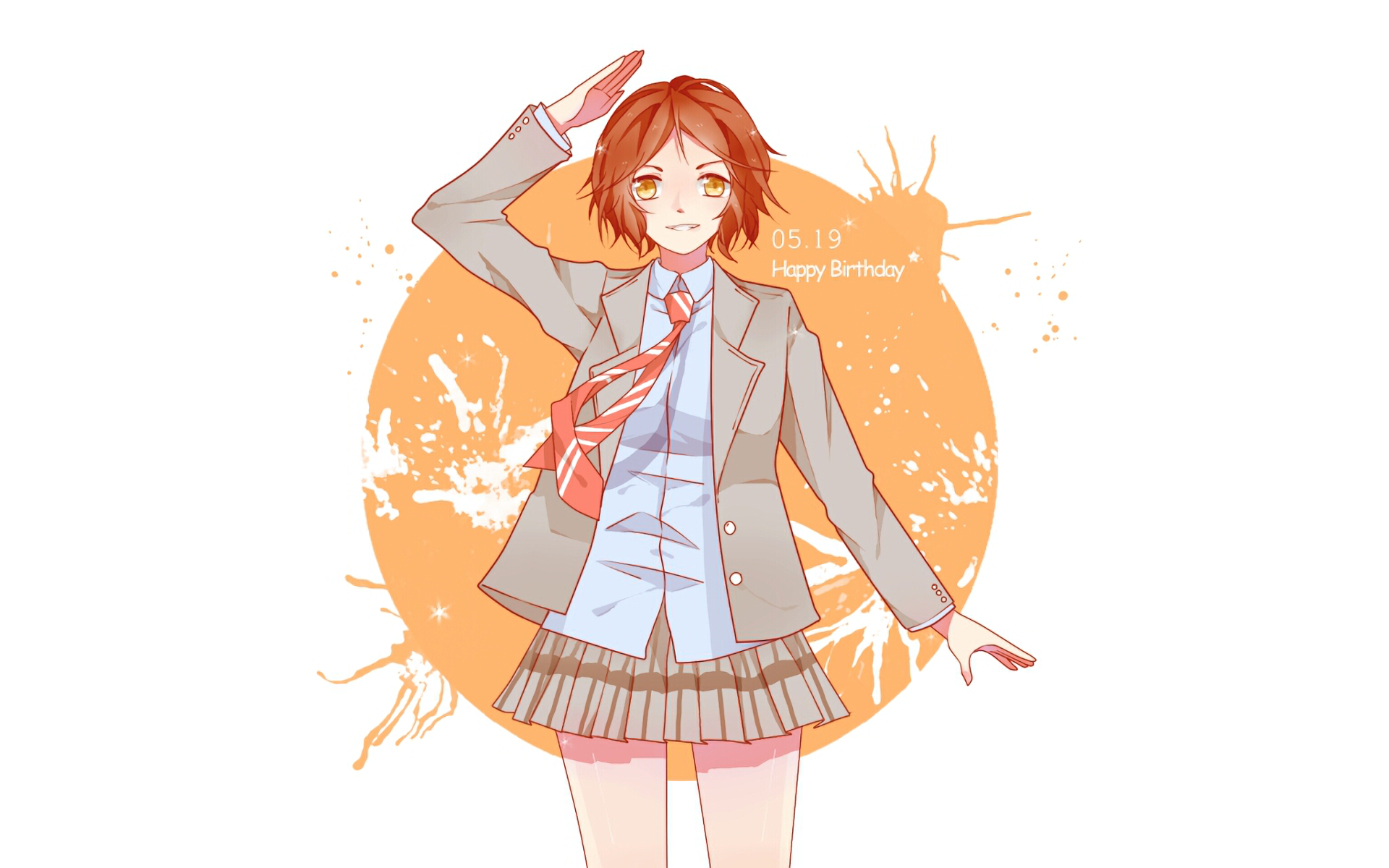 HD anime desktop wallpaper of Tsubaki Sawabe from Your Lie in April, featuring her in a school uniform with an orange circular background and a birthday message.