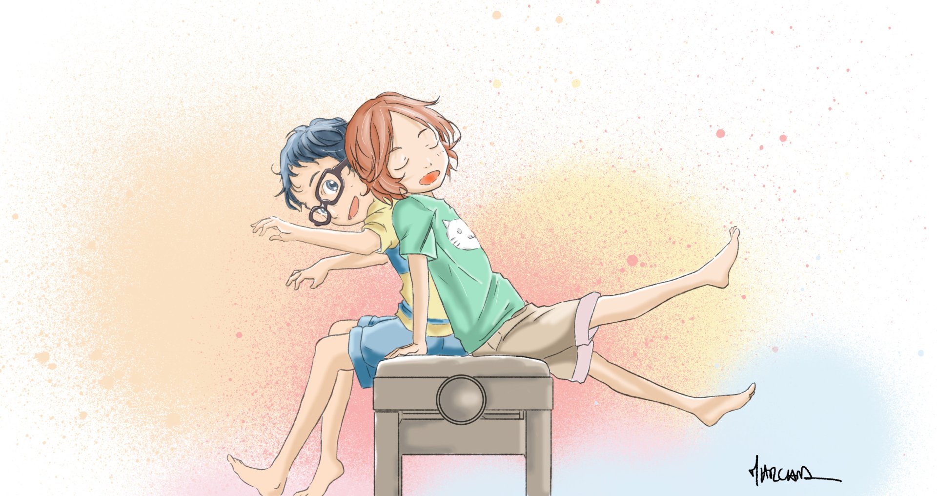 HD wallpaper featuring Kousei Arima and Tsubaki Sawabe from Your Lie in April anime, sitting back-to-back on a bench with playful expressions, surrounded by a colorful, soft-hued background.