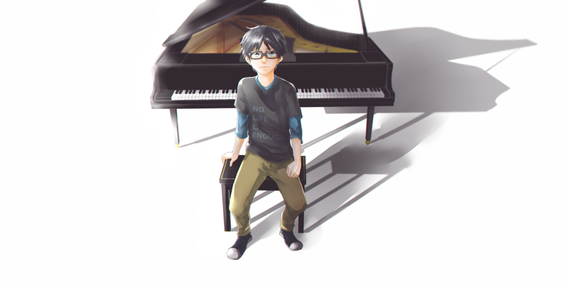 Kousei Arima from the anime Your Lie in April stands beside a grand piano, featured in an HD desktop wallpaper with bright lighting and detailed shadows.