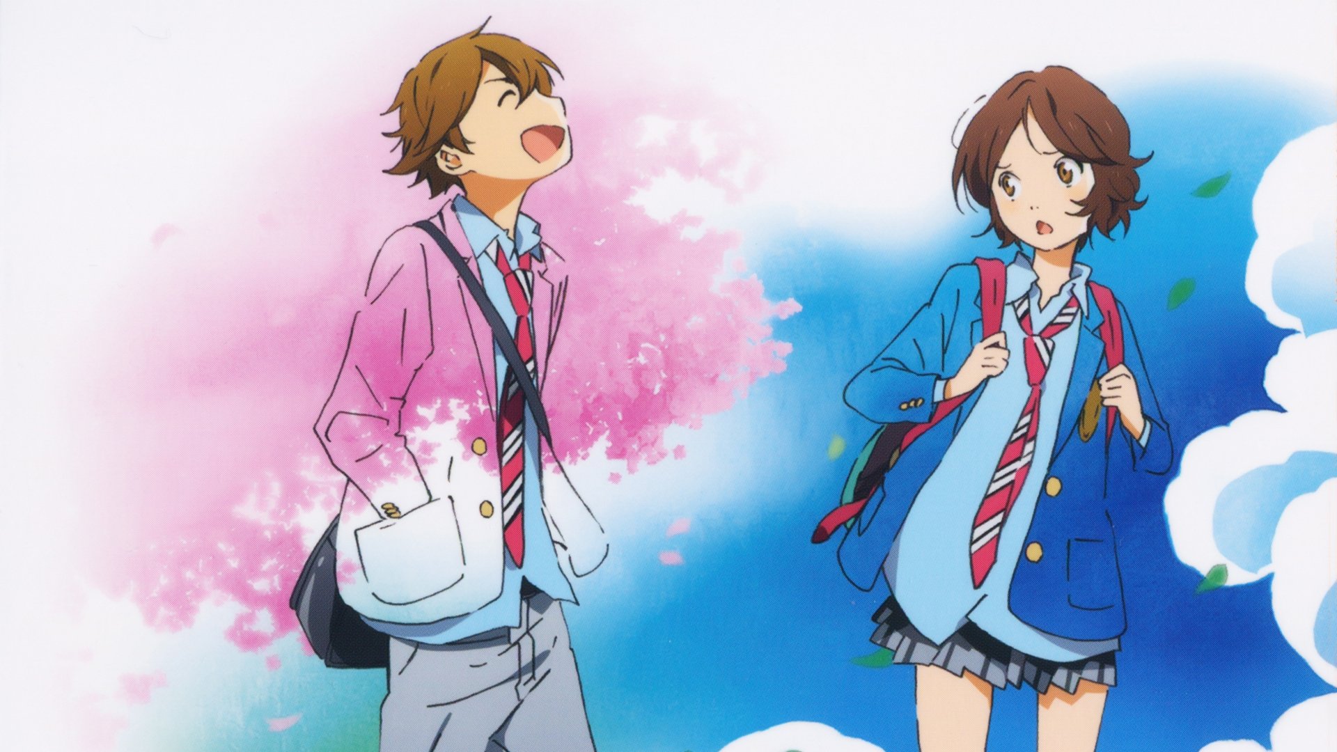 HD anime desktop wallpaper from Your Lie in April featuring two students in school uniforms with a bright sky and cherry blossoms in the background.