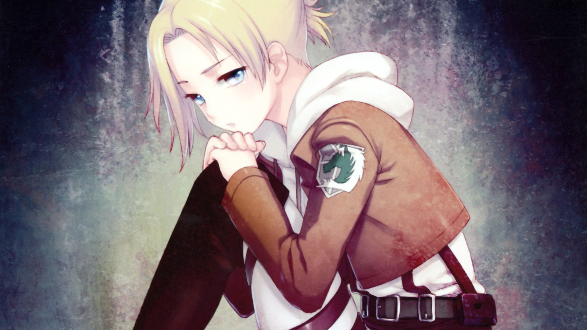 Anime-style HD desktop wallpaper featuring Annie Leonhart from Attack on Titan, depicted in a reflective pose with the Scout Regiment emblem on her jacket.