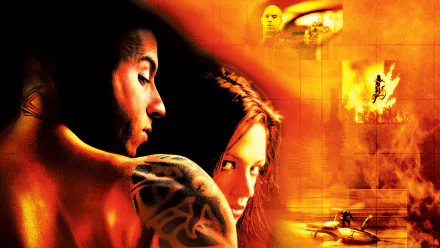 HD desktop wallpaper featuring Asia Argento and Vin Diesel from the movie xXx, showcasing an intense and dynamic background with action scenes.