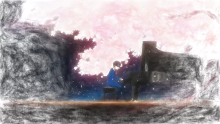 Kousei Arima from Your Lie in April plays piano beneath pink cherry blossoms — anime HD PC desktop wallpaper/background in a dreamy watercolor style.