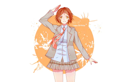 HD anime desktop wallpaper of Tsubaki Sawabe from Your Lie in April, featuring her in a school uniform with an orange circular background and a birthday message.