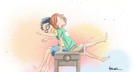 HD wallpaper featuring Kousei Arima and Tsubaki Sawabe from Your Lie in April anime, sitting back-to-back on a bench with playful expressions, surrounded by a colorful, soft-hued background.