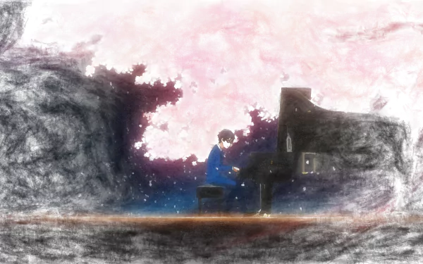 Kousei Arima from Your Lie in April plays piano beneath pink cherry blossoms — anime HD PC desktop wallpaper/background in a dreamy watercolor style.
