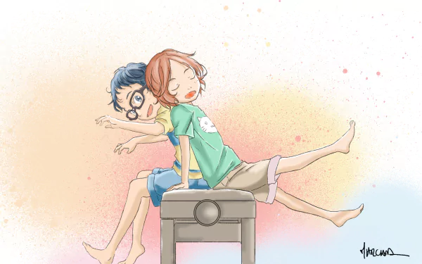 HD wallpaper featuring Kousei Arima and Tsubaki Sawabe from Your Lie in April anime, sitting back-to-back on a bench with playful expressions, surrounded by a colorful, soft-hued background.