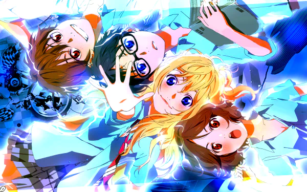 HD desktop wallpaper featuring Ryota Watari, Tsubaki Sawabe, Kousei Arima, and Kaori Miyazono from the anime Your Lie in April, with vibrant, colorful artwork depicting the characters looking up.