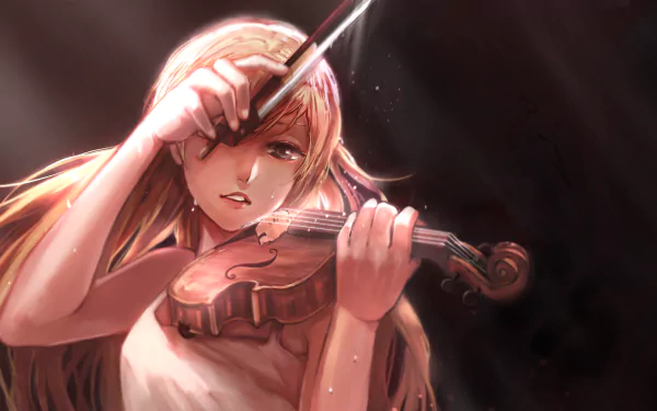 HD desktop wallpaper of Kaori Miyazono, a character from the anime Your Lie in April, playing the violin with intense emotion against a dark background.