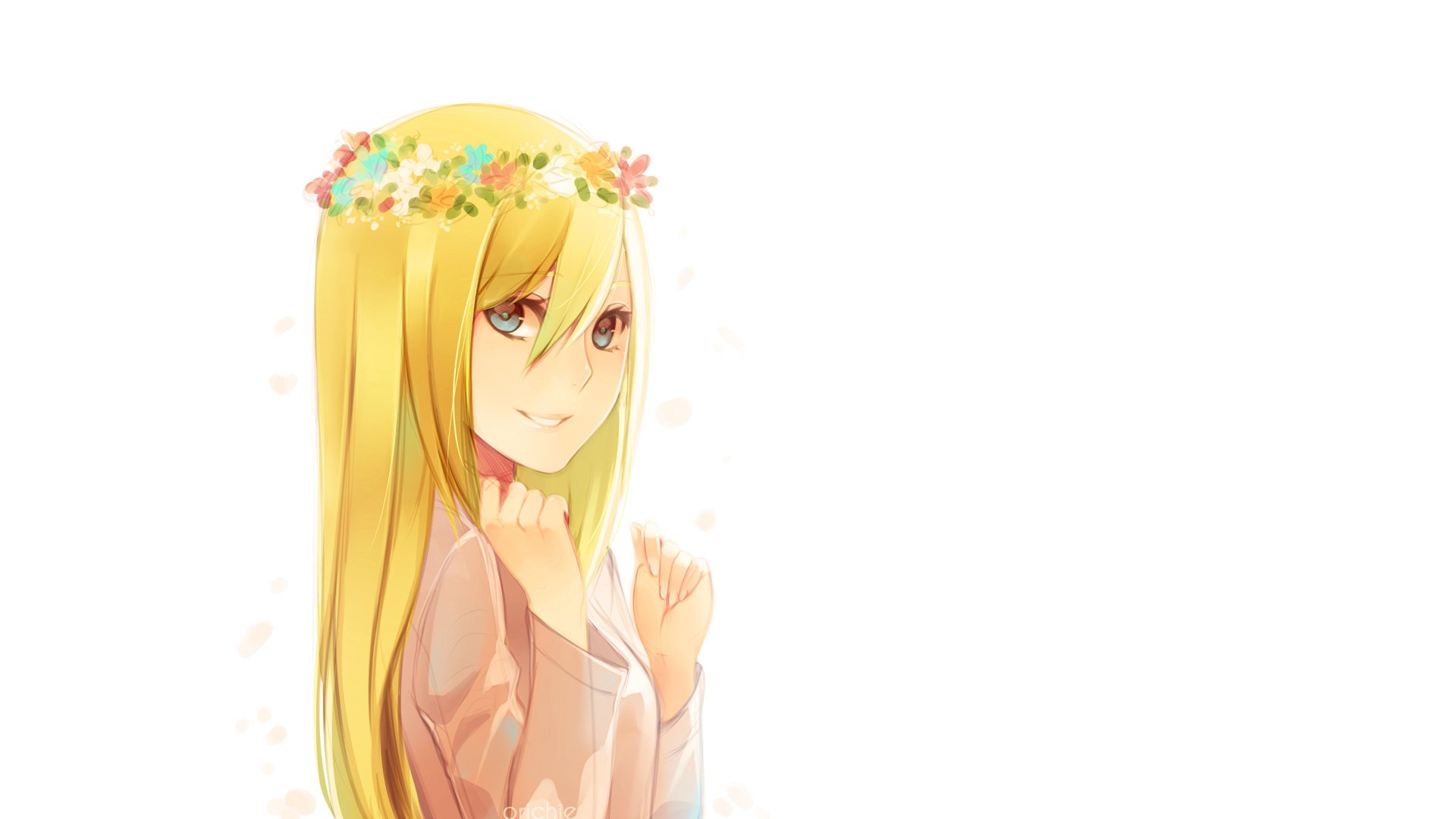 HD desktop wallpaper featuring Historia Reiss from the anime Attack on Titan, depicted with long blonde hair and a floral crown on a light background.