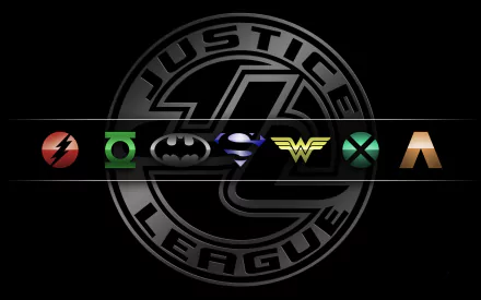 HD desktop wallpaper featuring Justice League logos including Martian Manhunter, Cyborg, Flash, Superman, Green Lantern, Batman, Wonder Woman, and the Justice League emblem in the background.