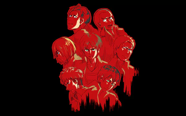 HD PC desktop wallpaper featuring anime characters Reiner Braun, Armin Arlert, Eren Yeager, Connie Springer, Bertholdt Hoover, and Mikasa Ackerman from Attack on Titan.