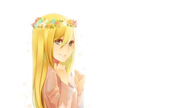 HD desktop wallpaper featuring Historia Reiss from the anime Attack on Titan, depicted with long blonde hair and a floral crown on a light background.