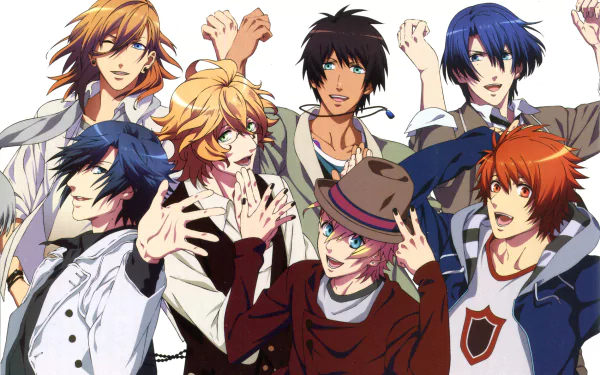 HD PC desktop wallpaper of Uta no Prince-sama anime: seven idols — Shinomiya Natsuki, Kurusu Syo, Jinguji Ren, Ittoki Otoya, Ichinose Tokiya, Hijirikawa Masato and Aijima Cecil posing together.