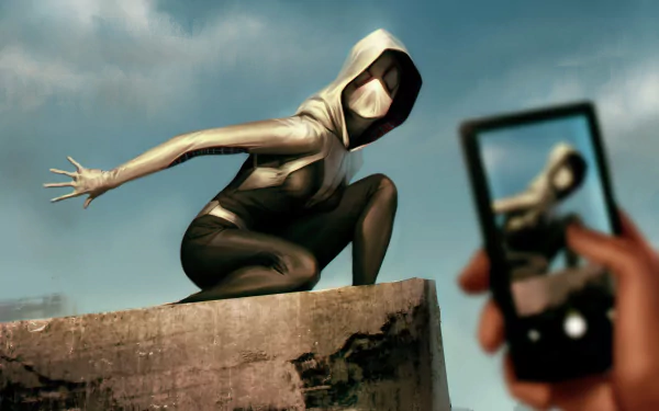 HD PC desktop wallpaper featuring Spider-Gwen in a dynamic pose atop a building, captured through a smartphone camera with a cloudy sky backdrop.