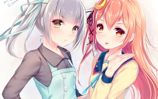 HD PC wallpaper of Uzuki and Kasumi from Kantai Collection: two anime girls—Uzuki with long pink hair in a sailor outfit and Kasumi with silver hair in mint overalls, smiling at the viewer.