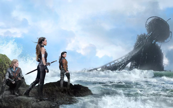 HD PC desktop wallpaper featuring characters from the TV show The Shannara Chronicles standing on rocky shore with waves and a large futuristic structure in the background.