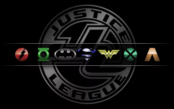 HD desktop wallpaper featuring Justice League logos including Martian Manhunter, Cyborg, Flash, Superman, Green Lantern, Batman, Wonder Woman, and the Justice League emblem in the background.